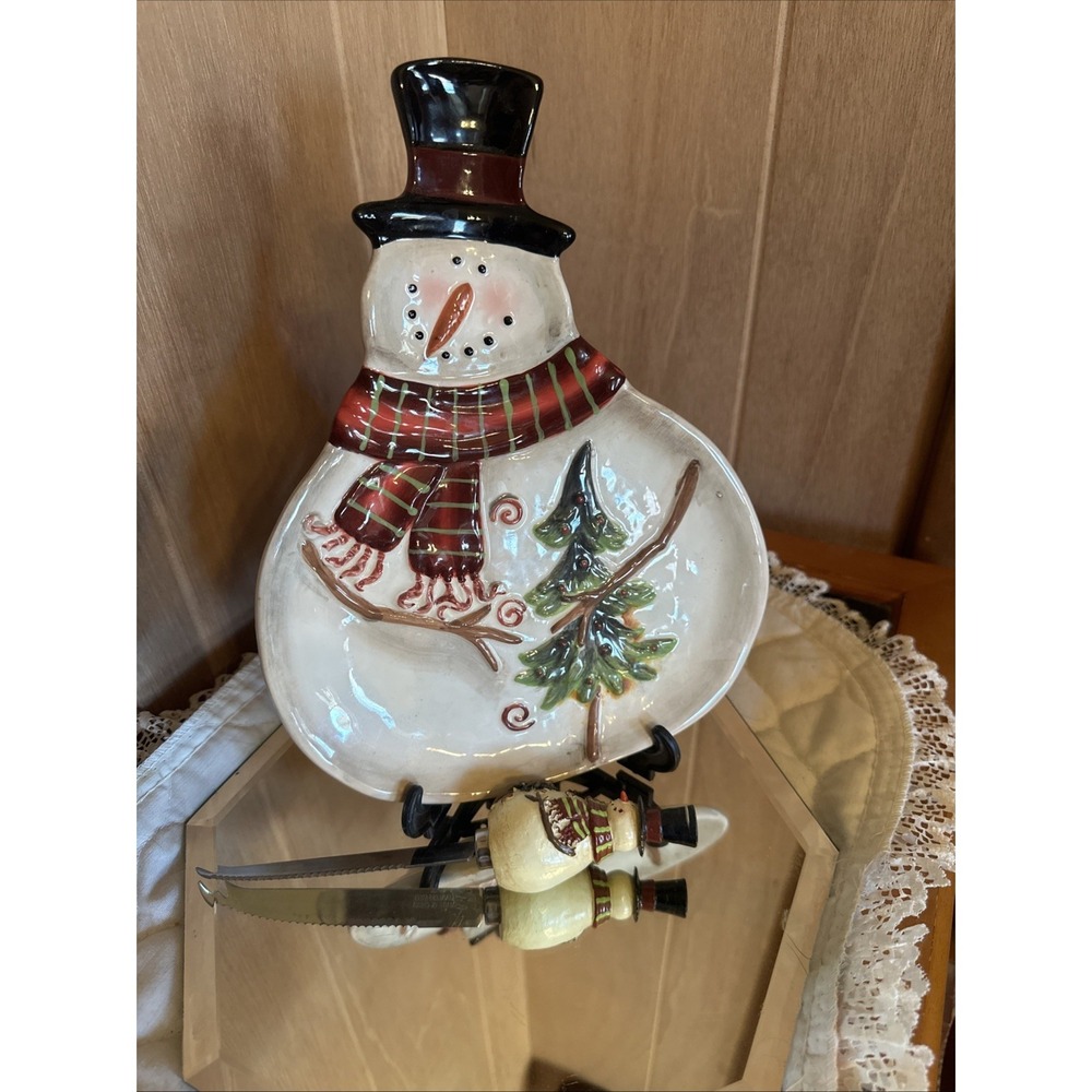 Snowman Ceramic Tray With Matching Knife